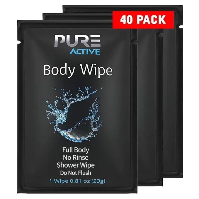 Pure Active Individually Wrapped Body Wipes 40 Pack – Fresh Scent No Rinse Shower Wipes for Gym, Travel, Work & Daily Use – Portable Single Use Cleansing Wipes