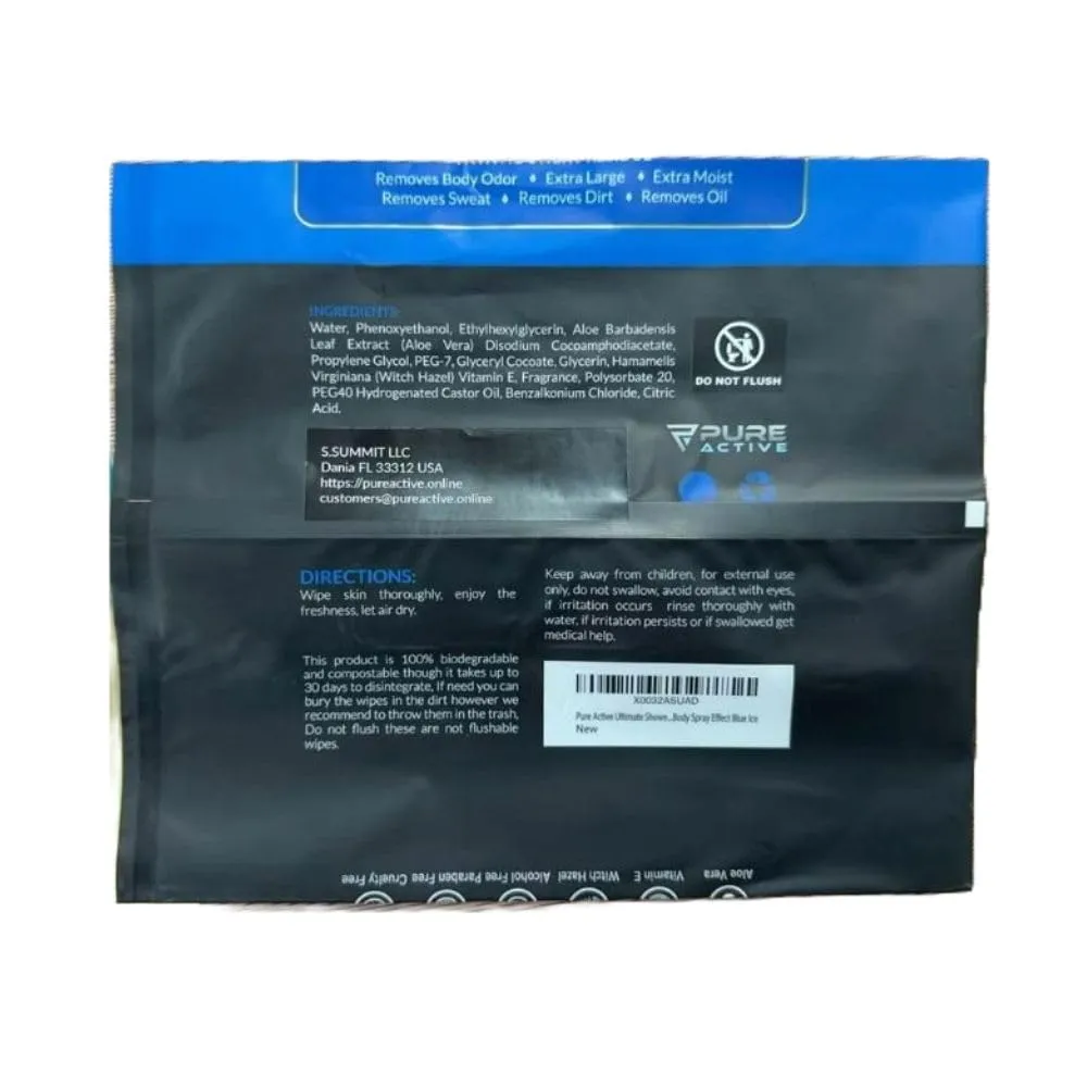 UltiMate XL Body Wipes 12”x12” – 30 Pack No Rinse Shower Wipes for Gym, Travel, Camping & Work – Extra Large Cleansing Wipes (Blue Ice Scent)