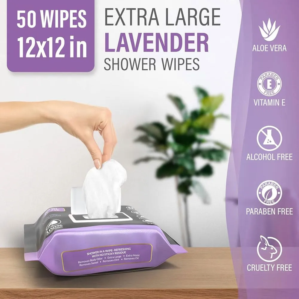 UltiMate XL Body Wipes 12”x12” – 50 Pack No Rinse Shower Wipes for Gym, Travel, Camping & Work – Extra Large Cleansing Wipes (Lavender Scent)
