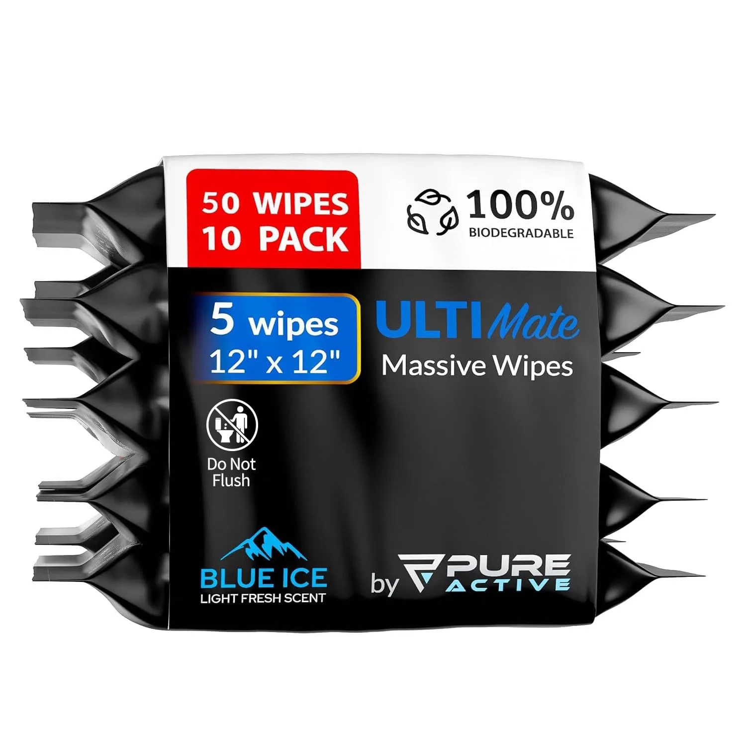 UltiMate Blue Ice Body Wipes ON-THE-GO XL 50 Count – 10 Travel Packs (5 Each) 12”x12” No Rinse Shower Wipes for Gym, Travel, Camping & Daily Use