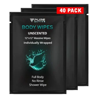 Pure Active Individually Wrapped XL Body Wipes 40 Pack – 12”x12” Fresh Scent No Rinse Shower Wipes for Gym, Travel, Work & Daily Use – Portable Single Use Cleansing Wipes