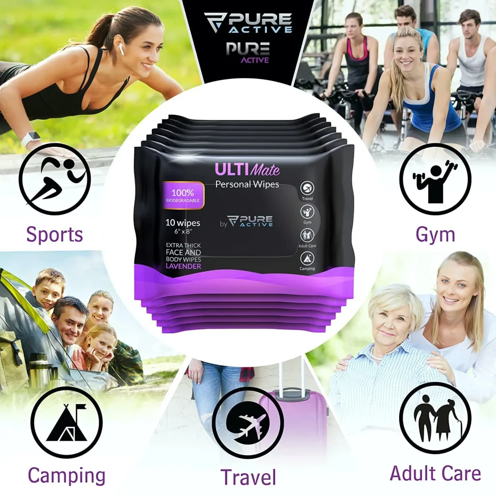 Pure Active Lavender Body Wipes Bulk 1440 Count – ON-THE-GO No Rinse Shower Wipes for Travel, Gym, Work & Daily Use – 12 Packs of 120 (6”x8”)