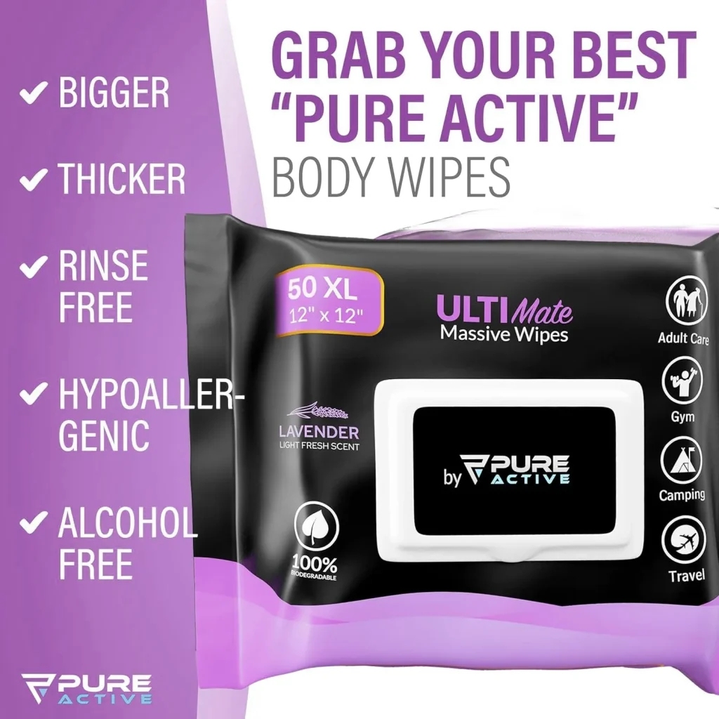 UltiMate XL Body Wipes 12”x12” – 50 Pack No Rinse Shower Wipes for Gym, Travel, Camping & Work – Extra Large Cleansing Wipes (Lavender Scent)