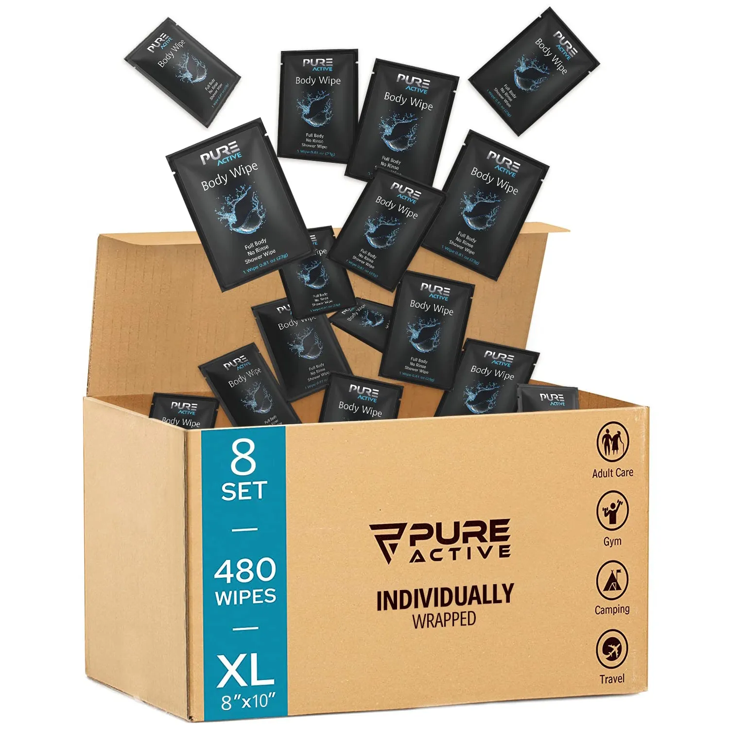 Pure Active Individually Wrapped Body Wipes Bulk 480 Count – Fresh Scent No Rinse Shower Wipes for Organizations, Hospitals, Travel & Daily Use – 12 Packs of 40