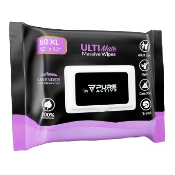 UltiMate XL Body Wipes 12”x12” – 50 Pack No Rinse Shower Wipes for Gym, Travel, Camping & Work – Extra Large Cleansing Wipes (Lavender Scent)