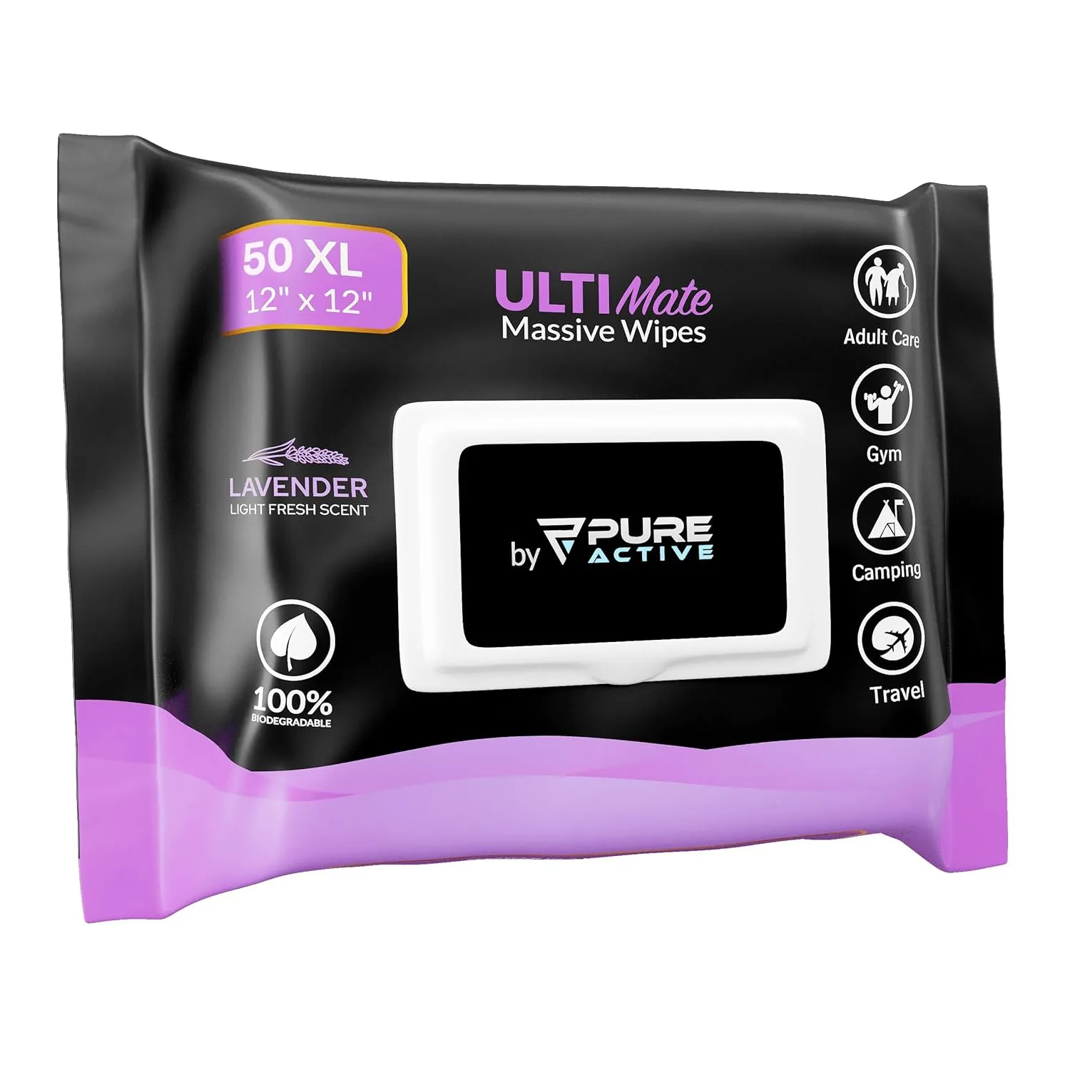 UltiMate XL Body Wipes 12”x12” – 50 Pack No Rinse Shower Wipes for Gym, Travel, Camping & Work – Extra Large Cleansing Wipes (Lavender Scent)