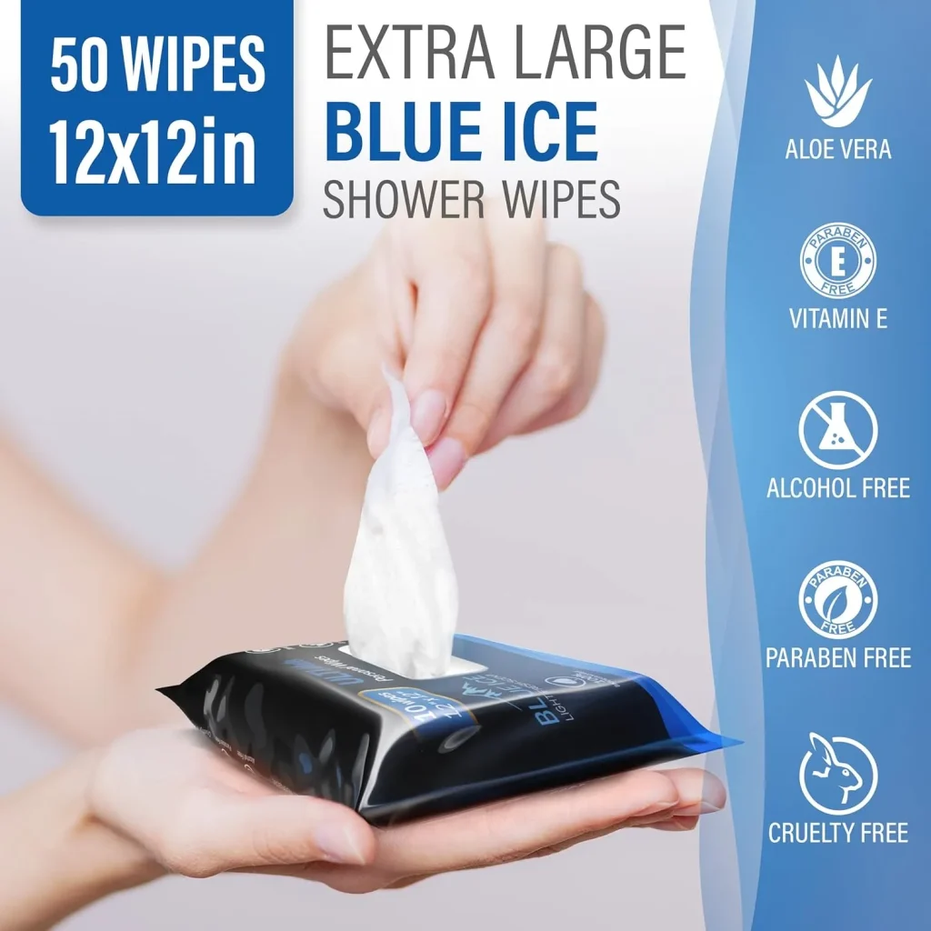 UltiMate Blue Ice Body Wipes ON-THE-GO XL 50 Count – 10 Travel Packs (5 Each) 12”x12” No Rinse Shower Wipes for Gym, Travel, Camping & Daily Use