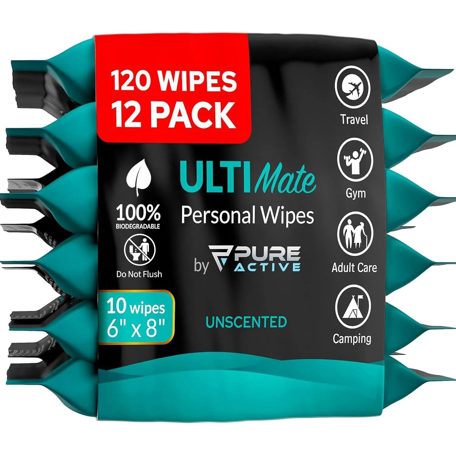 UltiMate Unscented Body Wipes ON-THE-GO 120 Count – 12 Travel Packs (10 Each) 6”x8” No Rinse Shower Wipes for Gym, Travel, Purse & Daily Use