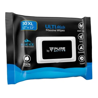 UltiMate XL Body Wipes 12”x12” – 30 Pack No Rinse Shower Wipes for Gym, Travel, Camping & Work – Extra Large Cleansing Wipes (Blue Ice Scent)