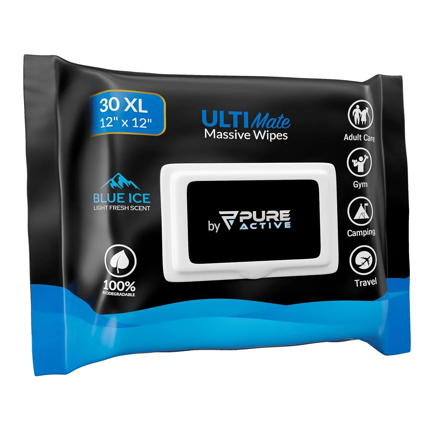 UltiMate XL Body Wipes 12”x12” – 30 Pack No Rinse Shower Wipes for Gym, Travel, Camping & Work – Extra Large Cleansing Wipes (Blue Ice Scent)