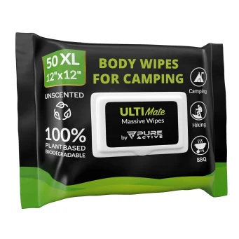 UltiMate XL Biodegradable Body Wipes for Camping 12”x12” – 50 Pack No Rinse Shower Wipes for Outdoors, Hiking, Travel & Gym – Extra Large Unscented