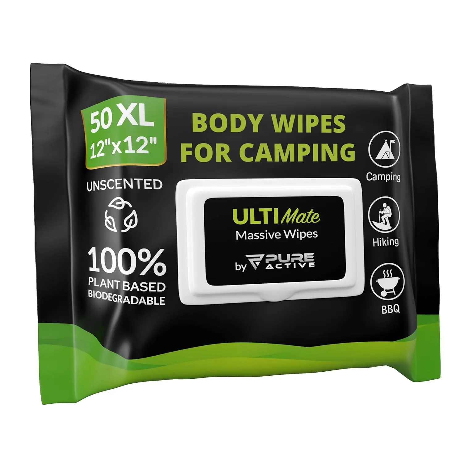 UltiMate XL Biodegradable Body Wipes for Camping 12”x12” – 50 Pack No Rinse Shower Wipes for Outdoors, Hiking, Travel & Gym – Extra Large Unscented