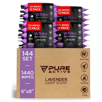 Pure Active Lavender Body Wipes Bulk 1440 Count – ON-THE-GO No Rinse Shower Wipes for Travel, Gym, Work & Daily Use – 12 Packs of 120 (6”x8”)