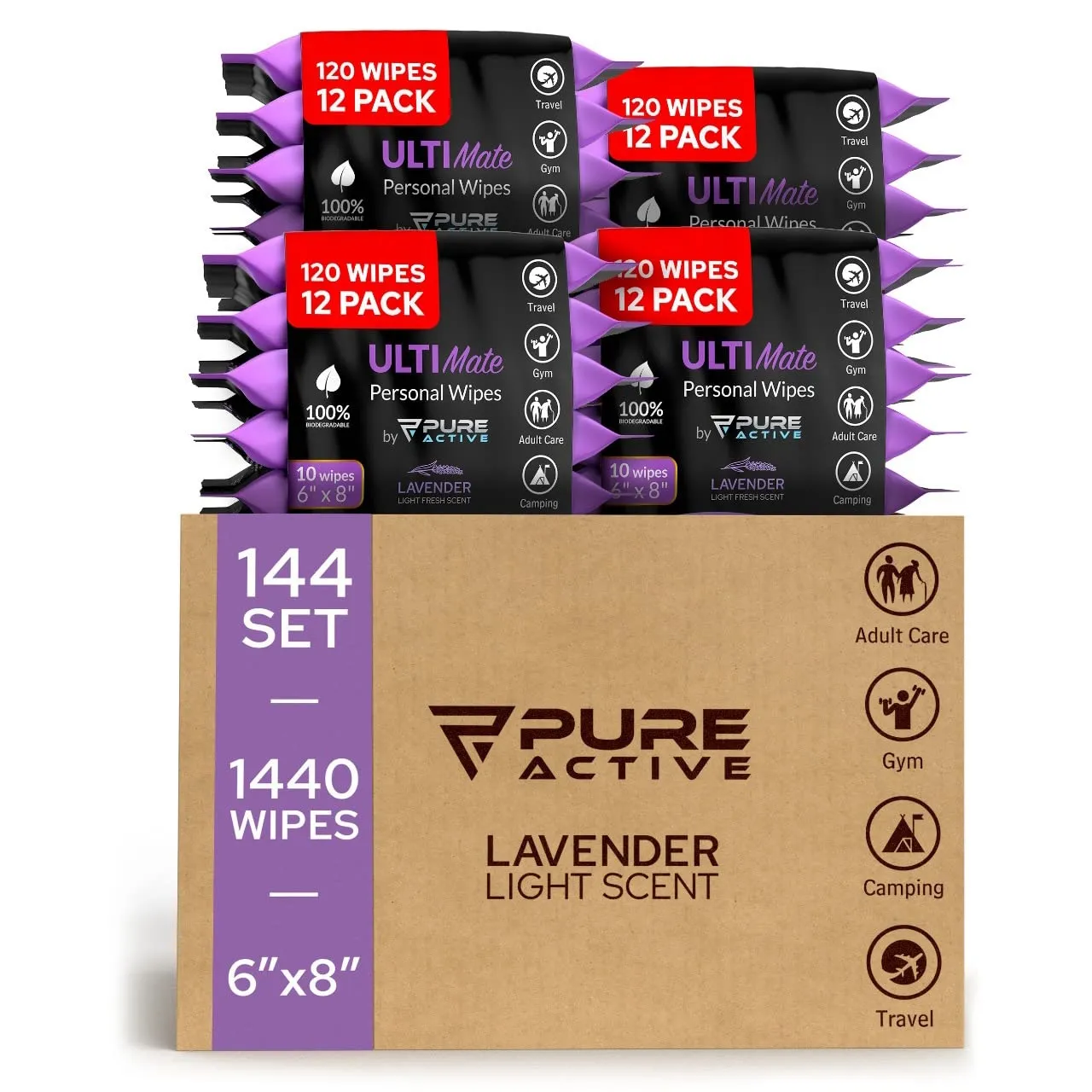 Pure Active Lavender Body Wipes Bulk 1440 Count – ON-THE-GO No Rinse Shower Wipes for Travel, Gym, Work & Daily Use – 12 Packs of 120 (6”x8”)