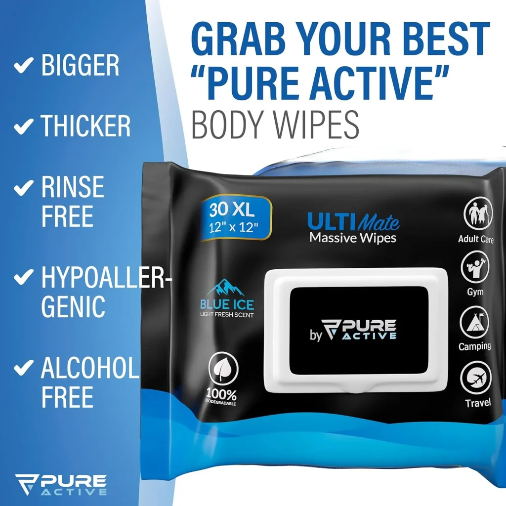 UltiMate XL Body Wipes 12”x12” – 30 Pack No Rinse Shower Wipes for Gym, Travel, Camping & Work – Extra Large Cleansing Wipes (Blue Ice Scent)