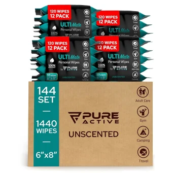 Pure Active Unscented Body Wipes Bulk 1440 Count – ON-THE-GO No Rinse Shower Wipes for Organizations, Healthcare, Travel & Daily Use – 144 Packs of 10