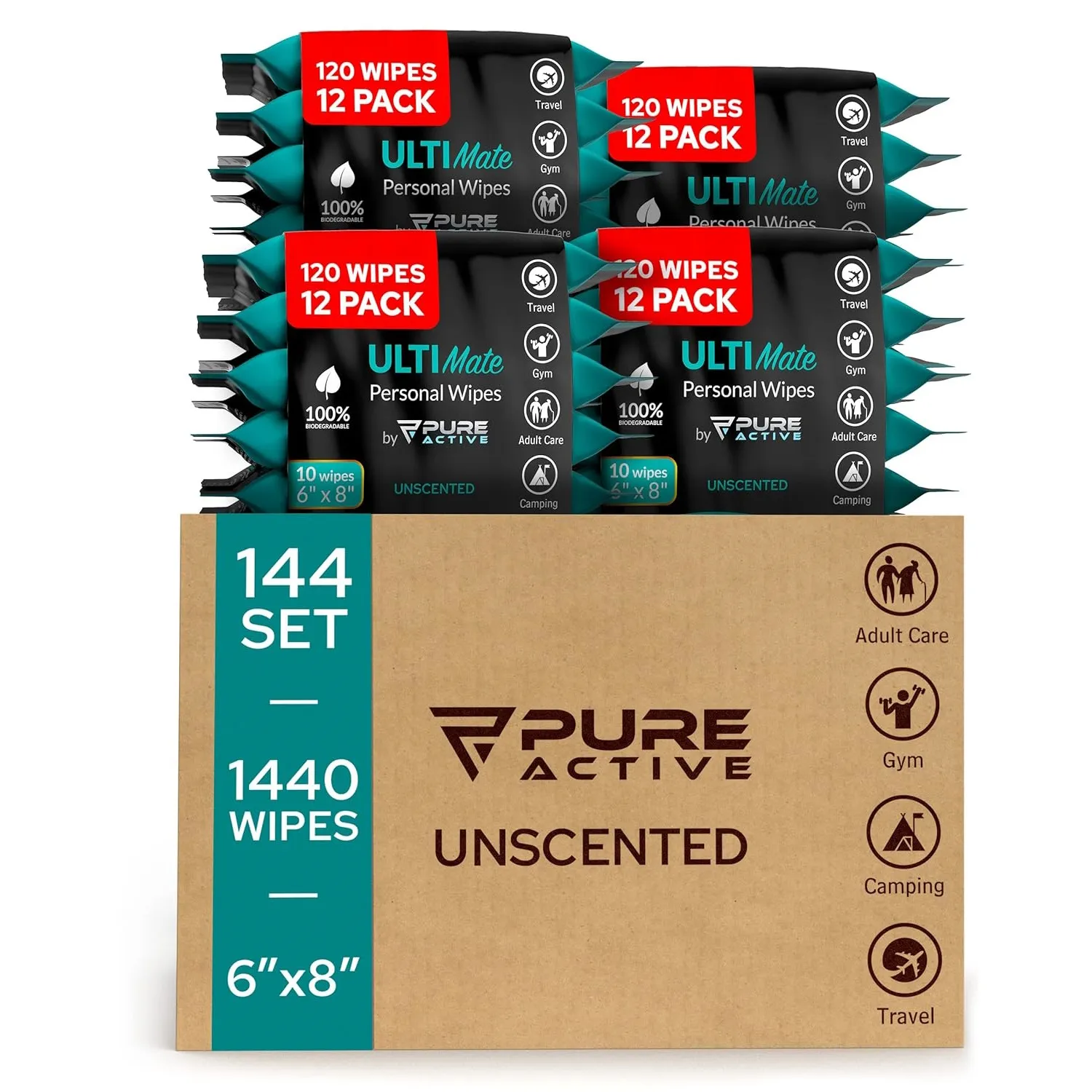 Pure Active Unscented Body Wipes Bulk 1440 Count – ON-THE-GO No Rinse Shower Wipes for Organizations, Healthcare, Travel & Daily Use – 144 Packs of 10