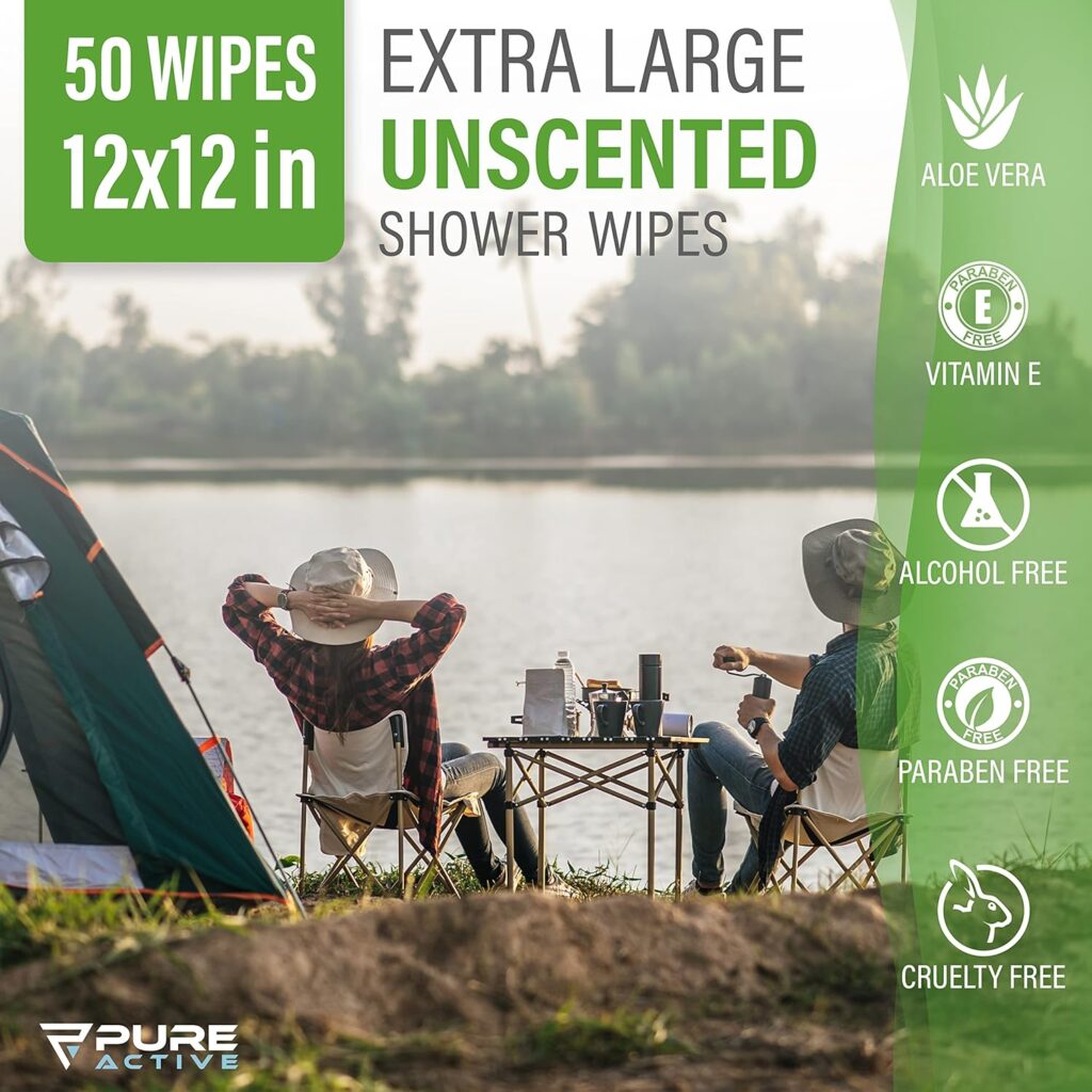 Pure Active Unscented Biodegradable Body Wipes for Camping Bulk 600 Count – No Rinse Shower Wipes for Outdoors, Hiking, Travel & Emergency Use – 12 Packs of 50