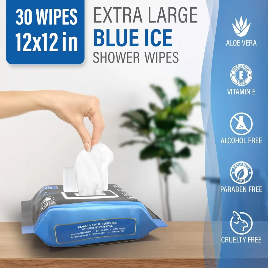 UltiMate XL Body Wipes 12”x12” – 30 Pack No Rinse Shower Wipes for Gym, Travel, Camping & Work – Extra Large Cleansing Wipes (Blue Ice Scent)