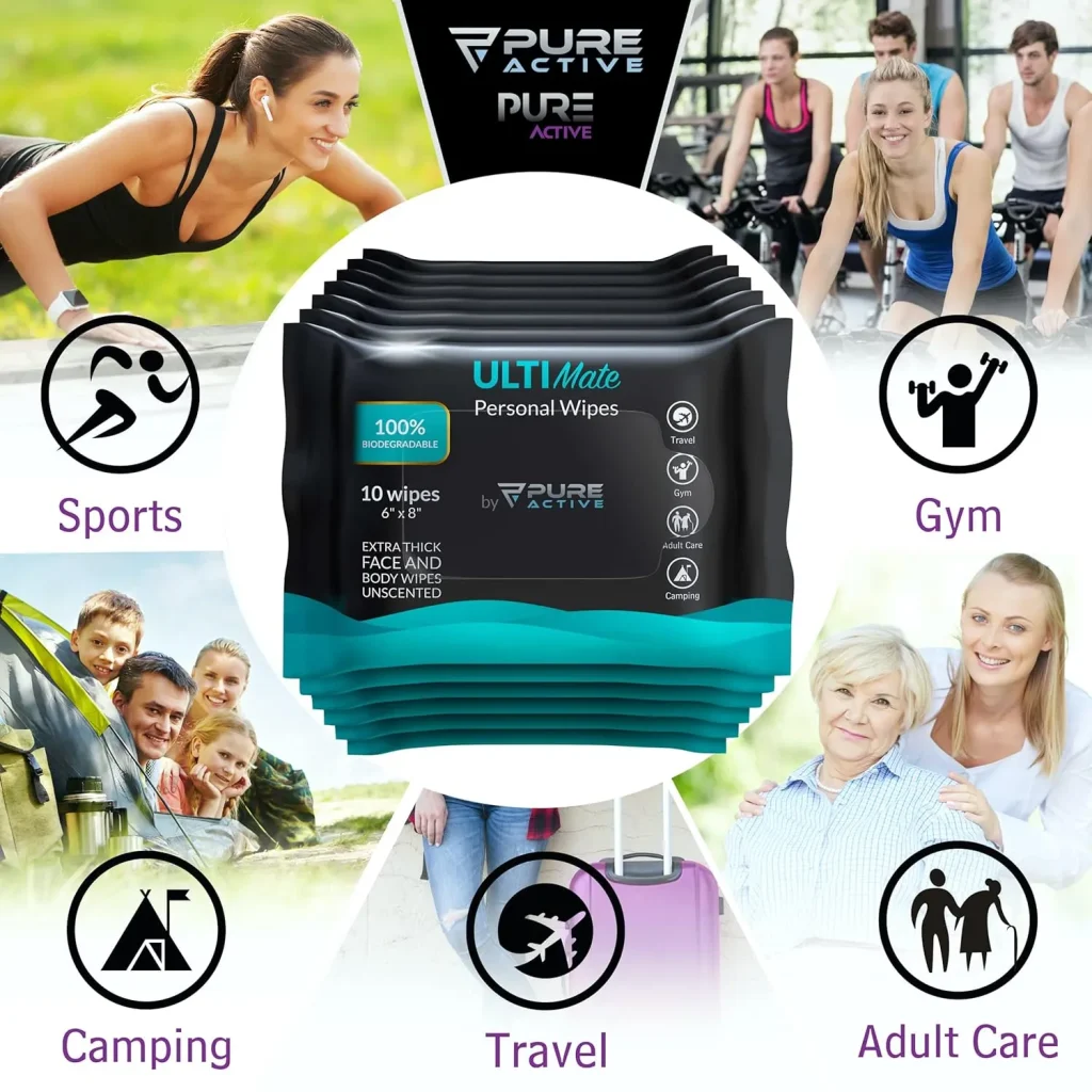 UltiMate Unscented Body Wipes ON-THE-GO 120 Count – 12 Travel Packs (10 Each) 6”x8” No Rinse Shower Wipes for Gym, Travel, Purse & Daily Use
