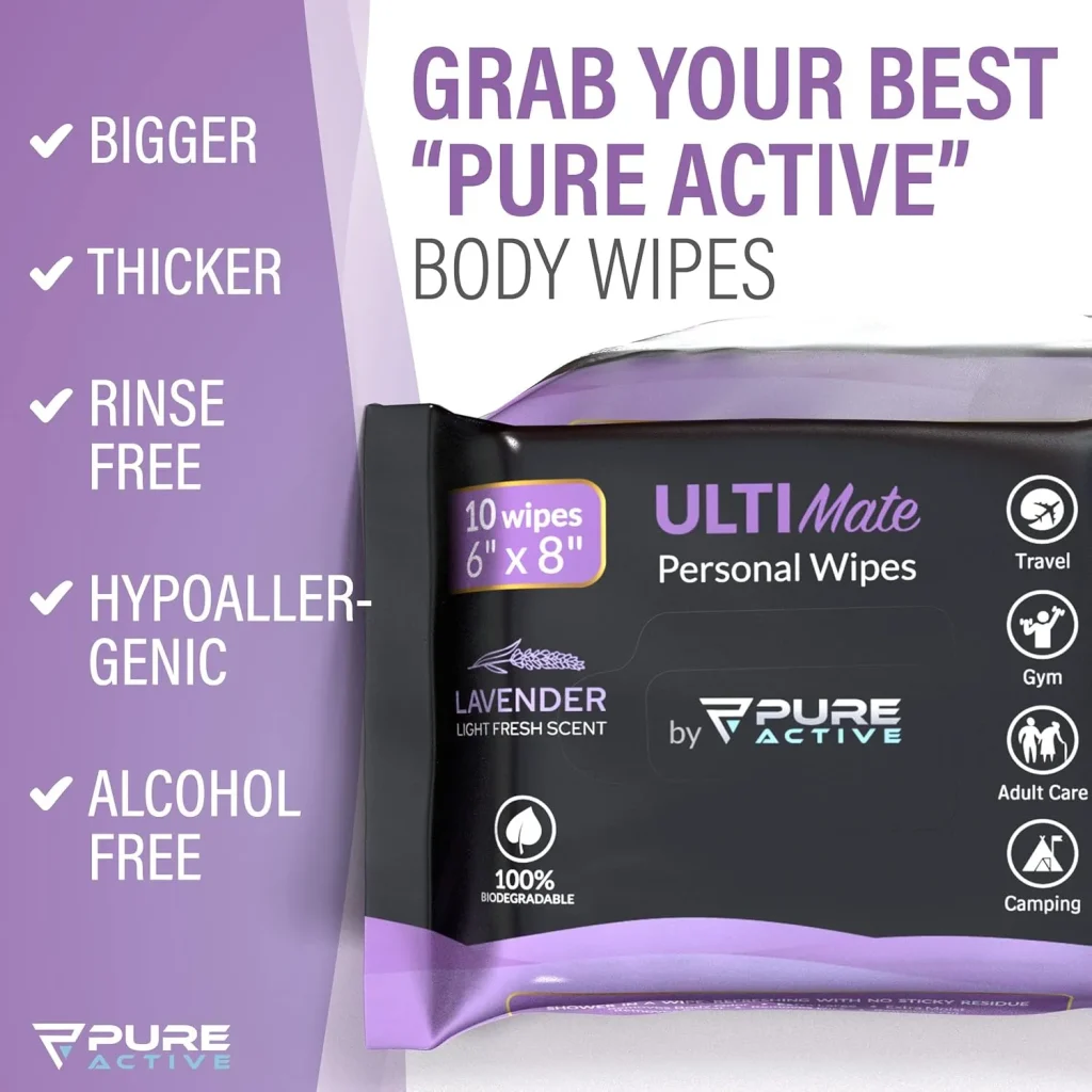 UltiMate Lavender Body Wipes ON-THE-GO 120 Count – 12 Travel Packs (10 Each) 6”x8” No Rinse Shower Wipes for Gym, Purse, Travel & Daily Use