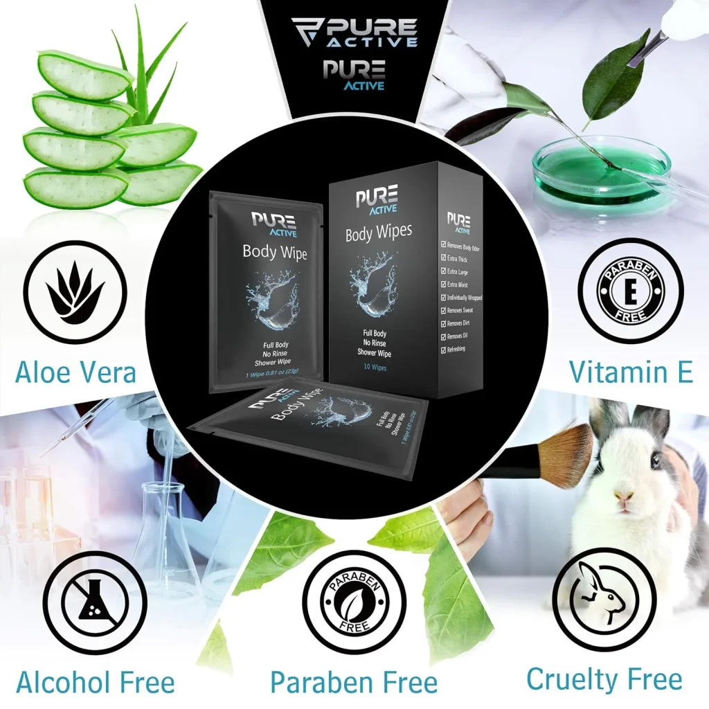 Pure Active Individually Wrapped Body Wipes 60 Pack – Fresh Scent No Rinse Shower Wipes for Gym, Travel, Work & Daily Use – Portable Single Use Cleansing Wipes