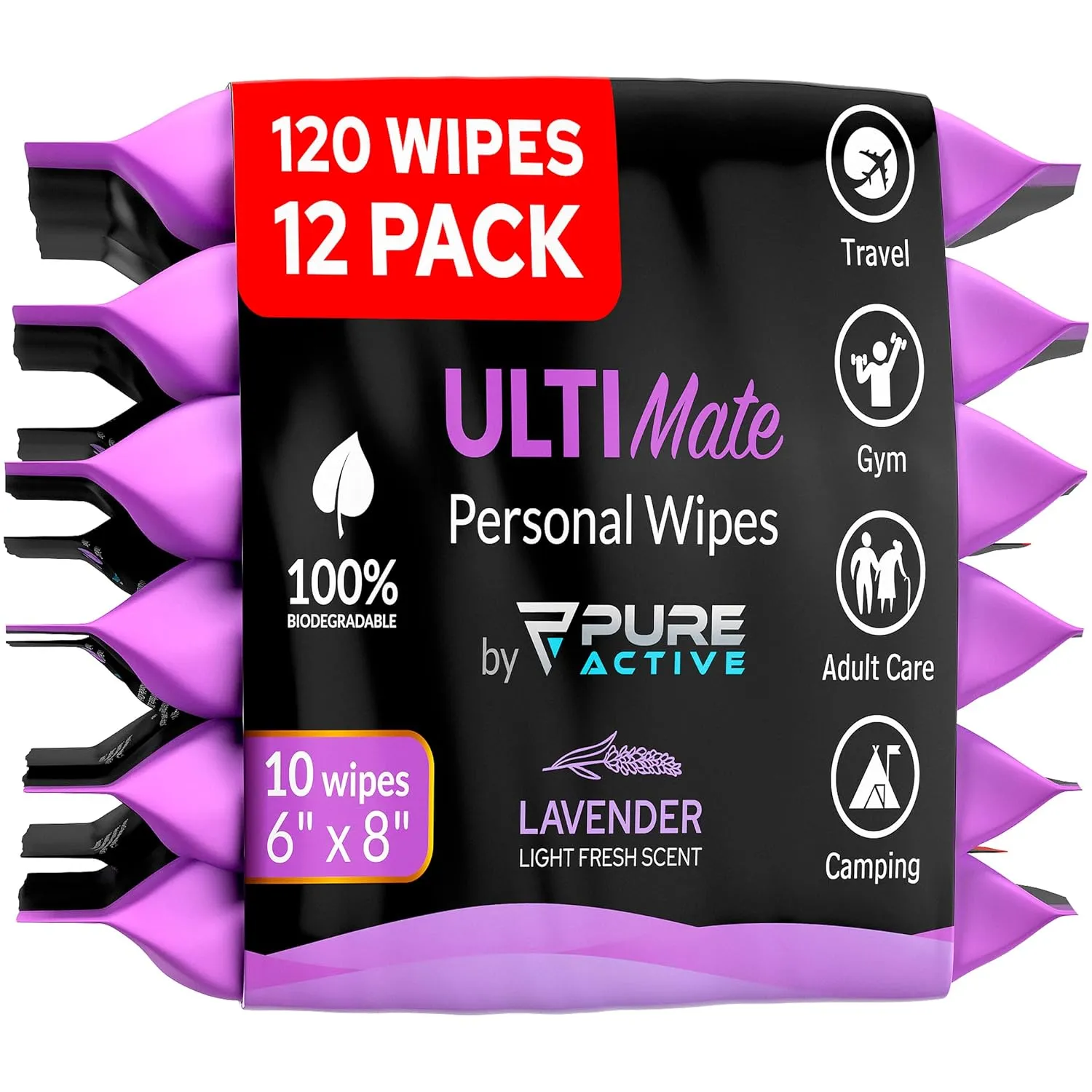 UltiMate Lavender Body Wipes ON-THE-GO 120 Count – 12 Travel Packs (10 Each) 6”x8” No Rinse Shower Wipes for Gym, Purse, Travel & Daily Use