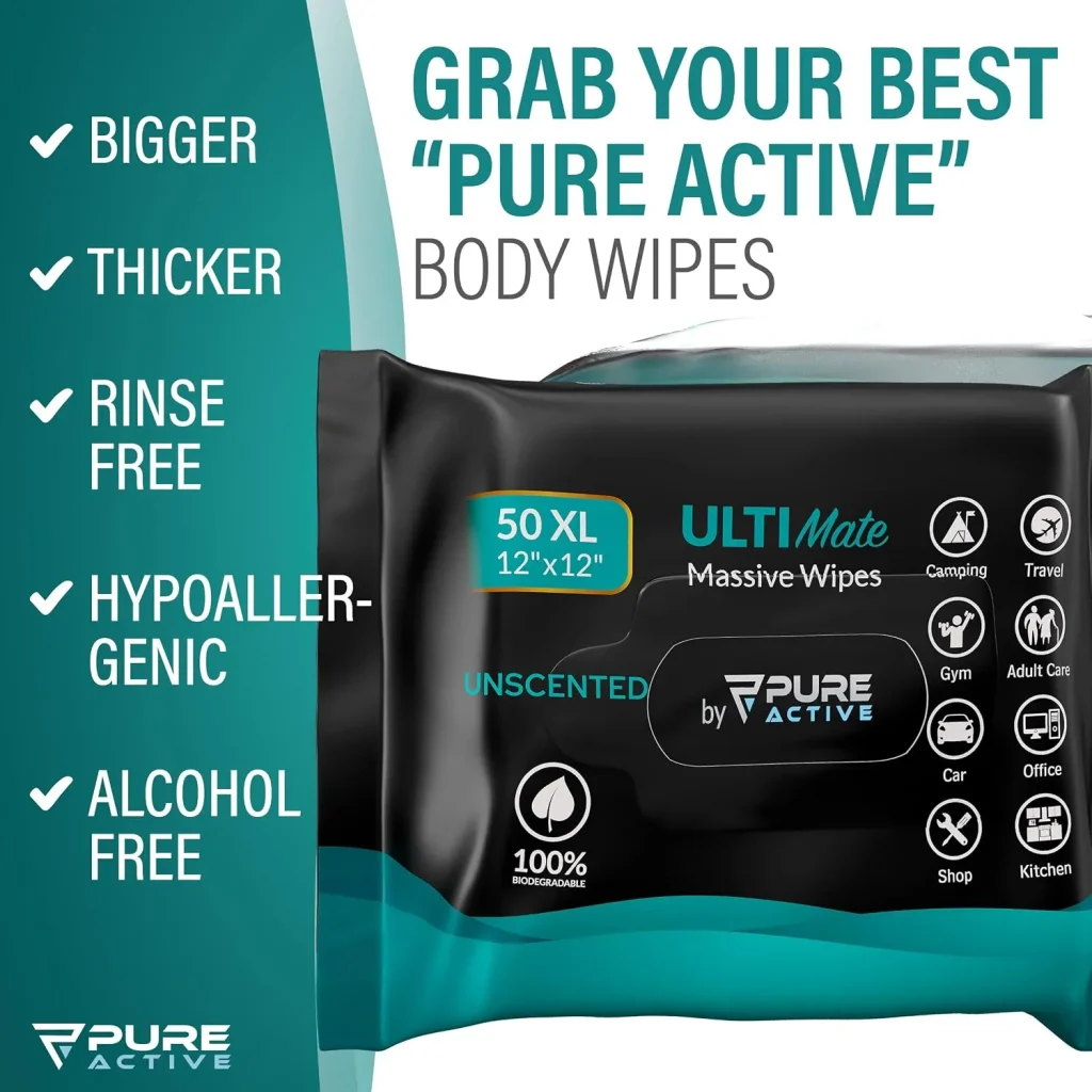 UltiMate XL Body Wipes 12”x12” – 50 Pack No Rinse Shower Wipes for Gym, Travel, Camping, Elderly Care & Work – Extra Large Unscented Cleansing Wipes