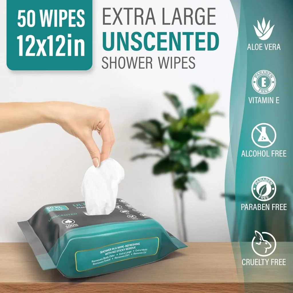 UltiMate XL Body Wipes 12”x12” – 50 Pack No Rinse Shower Wipes for Gym, Travel, Camping, Elderly Care & Work – Extra Large Unscented Cleansing Wipes