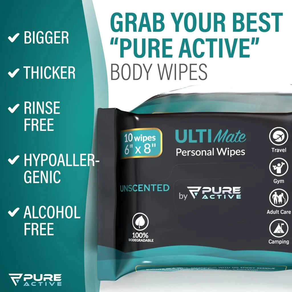 Pure Active Unscented Body Wipes Bulk 1440 Count – ON-THE-GO No Rinse Shower Wipes for Organizations, Healthcare, Travel & Daily Use – 144 Packs of 10
