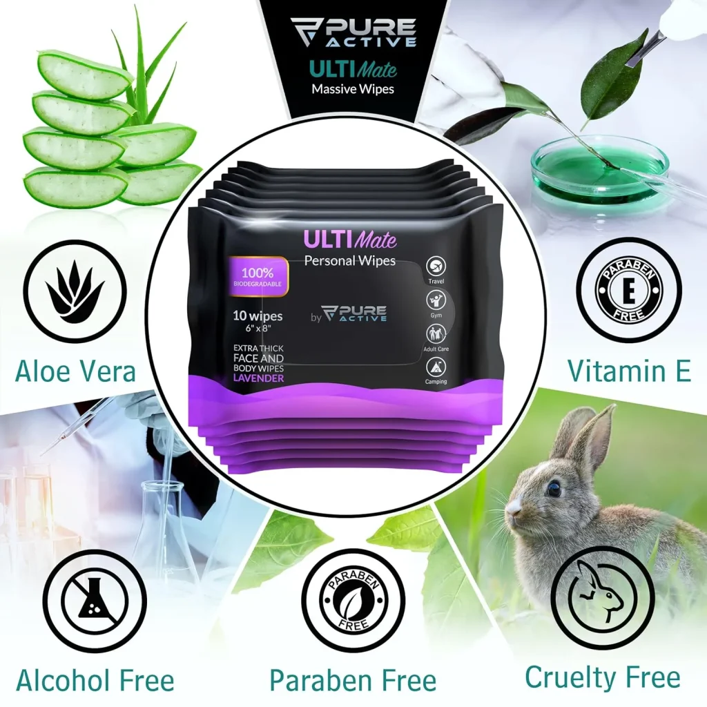UltiMate Lavender Body Wipes ON-THE-GO 120 Count – 12 Travel Packs (10 Each) 6”x8” No Rinse Shower Wipes for Gym, Purse, Travel & Daily Use