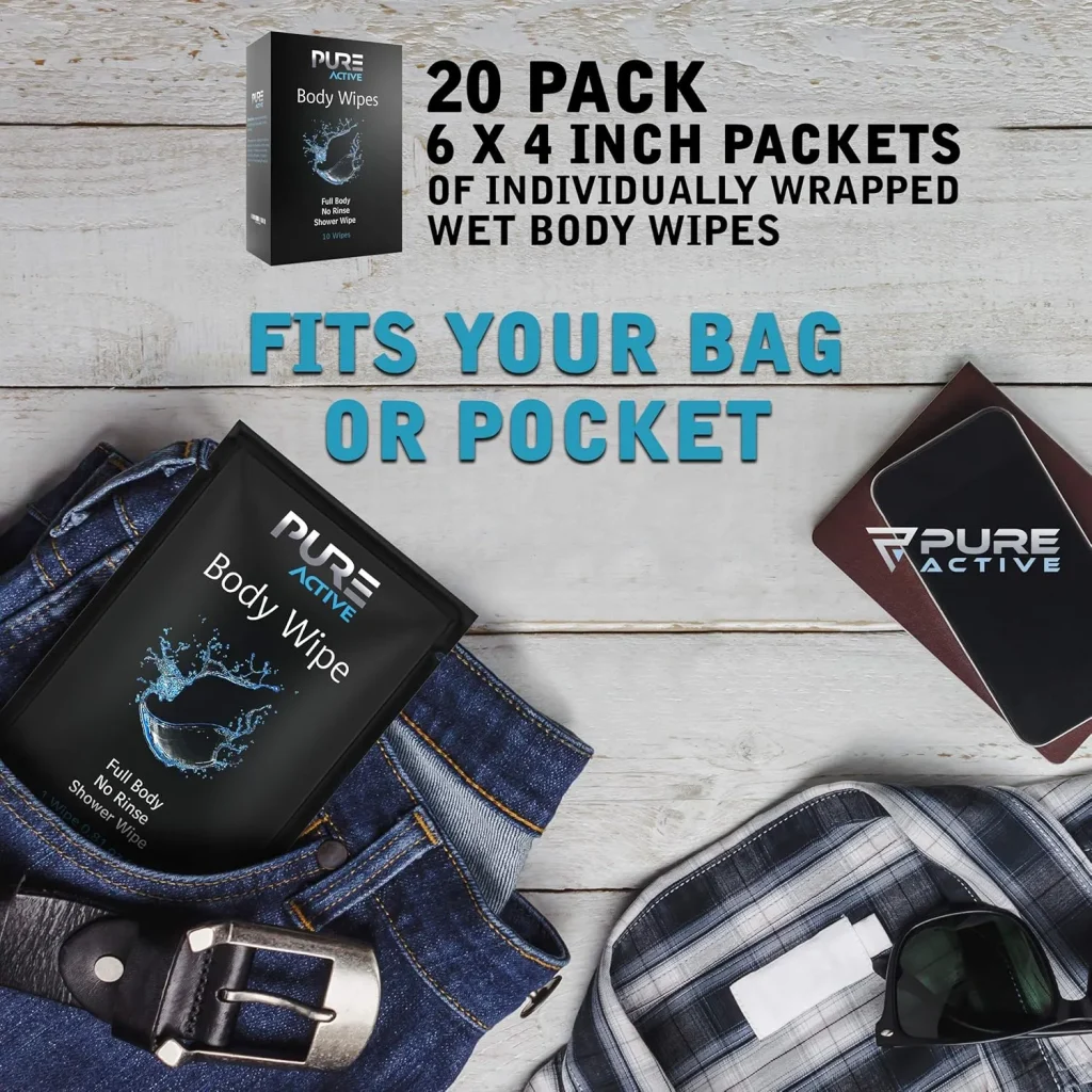 Pure Active Individually Wrapped Body Wipes 40 Pack – Fresh Scent No Rinse Shower Wipes for Gym, Travel, Work & Daily Use – Portable Single Use Cleansing Wipes