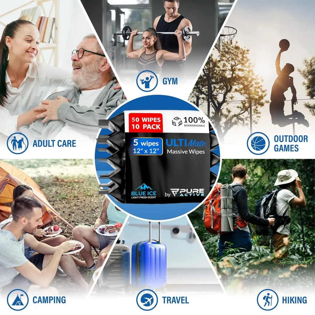 UltiMate Blue Ice Body Wipes ON-THE-GO XL 50 Count – 10 Travel Packs (5 Each) 12”x12” No Rinse Shower Wipes for Gym, Travel, Camping & Daily Use