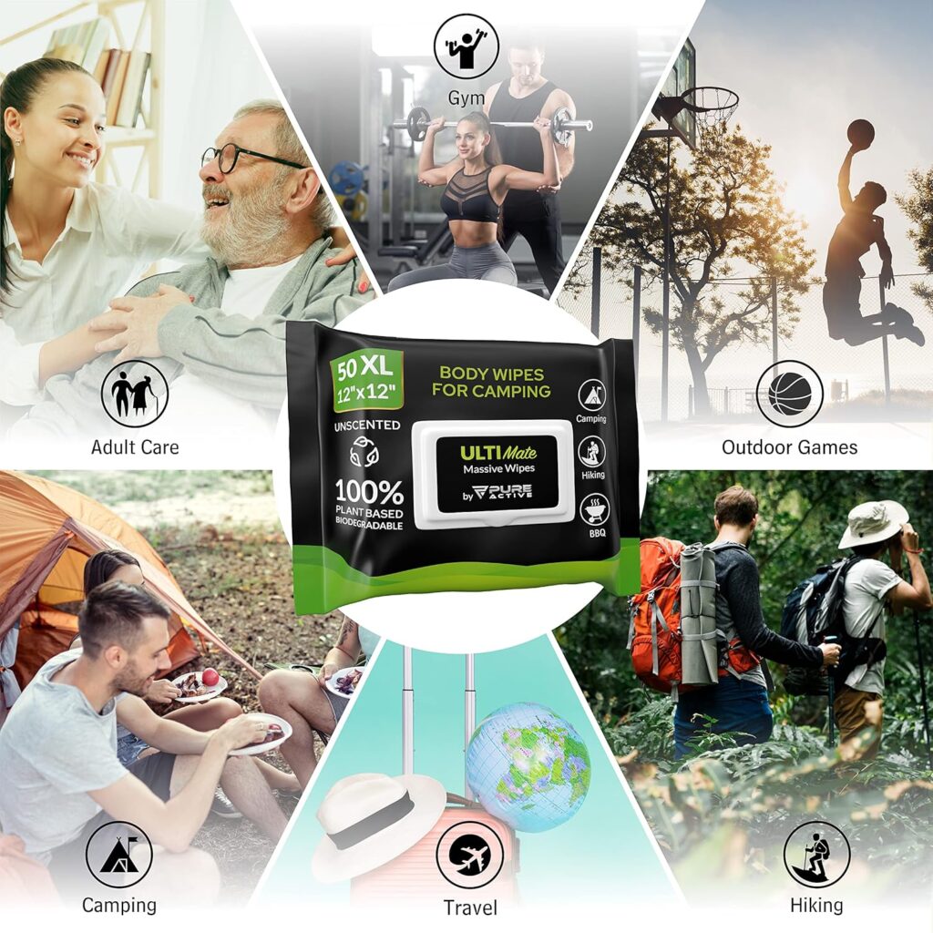 Pure Active Unscented Biodegradable Body Wipes for Camping Bulk 600 Count – No Rinse Shower Wipes for Outdoors, Hiking, Travel & Emergency Use – 12 Packs of 50
