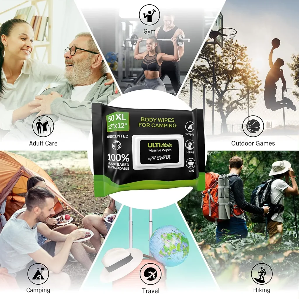 UltiMate XL Biodegradable Body Wipes for Camping 12”x12” – 50 Pack No Rinse Shower Wipes for Outdoors, Hiking, Travel & Gym – Extra Large Unscented