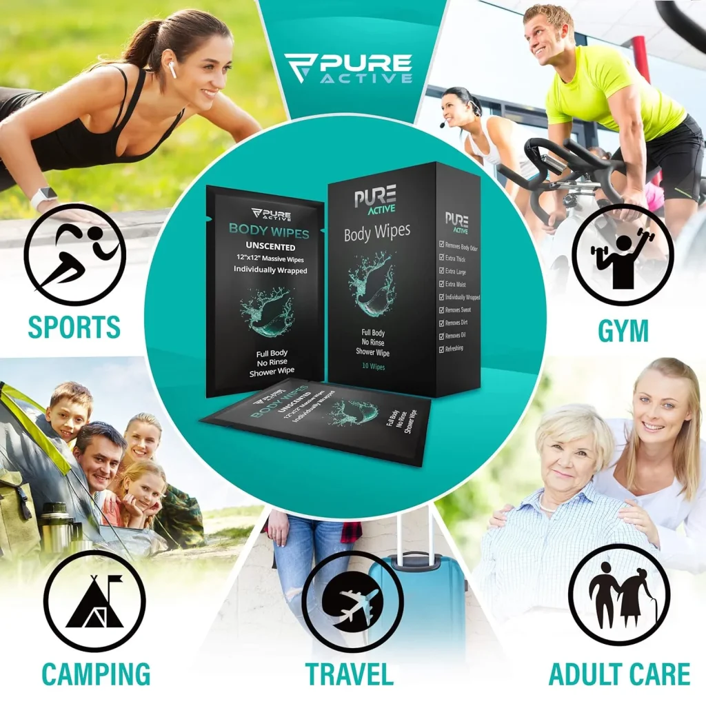 Pure Active Individually Wrapped XL Body Wipes 40 Pack – 12”x12” Fresh Scent No Rinse Shower Wipes for Gym, Travel, Work & Daily Use – Portable Single Use Cleansing Wipes