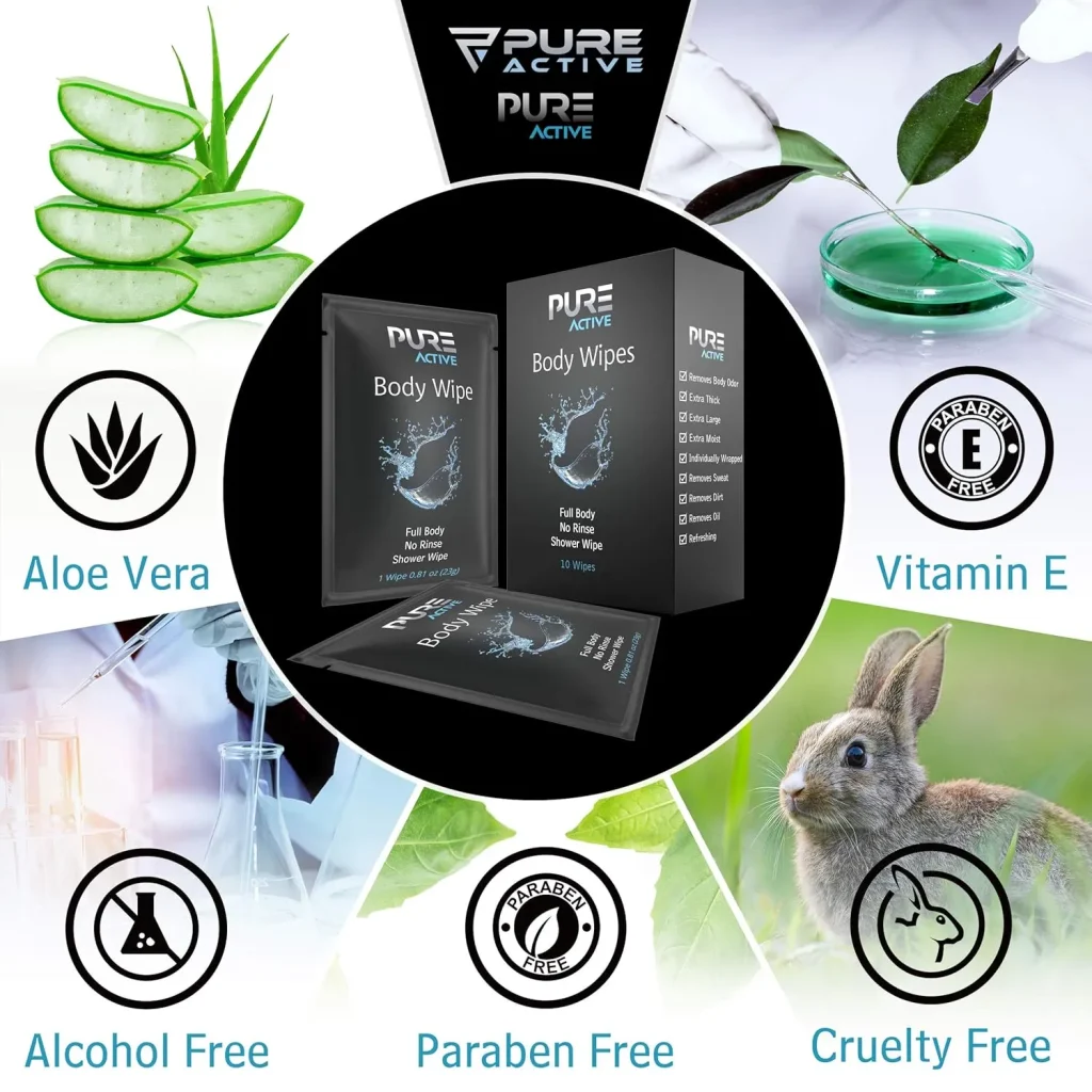 Pure Active Individually Wrapped Body Wipes 40 Pack – Fresh Scent No Rinse Shower Wipes for Gym, Travel, Work & Daily Use – Portable Single Use Cleansing Wipes