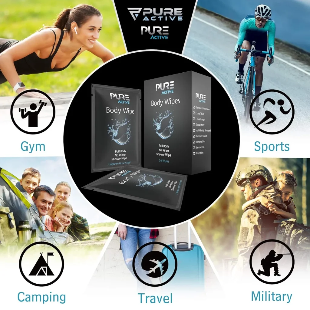 Pure Active Individually Wrapped Body Wipes 60 Pack – Fresh Scent No Rinse Shower Wipes for Gym, Travel, Work & Daily Use – Portable Single Use Cleansing Wipes