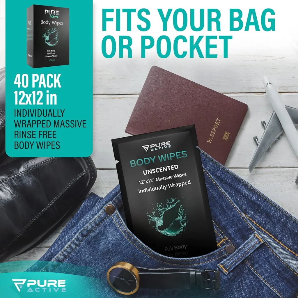Pure Active Individually Wrapped XL Body Wipes 40 Pack – 12”x12” Fresh Scent No Rinse Shower Wipes for Gym, Travel, Work & Daily Use – Portable Single Use Cleansing Wipes