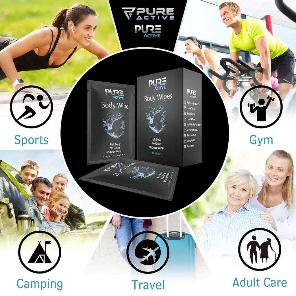 Pure Active Individually Wrapped Body Wipes 40 Pack – Fresh Scent No Rinse Shower Wipes for Gym, Travel, Work & Daily Use – Portable Single Use Cleansing Wipes