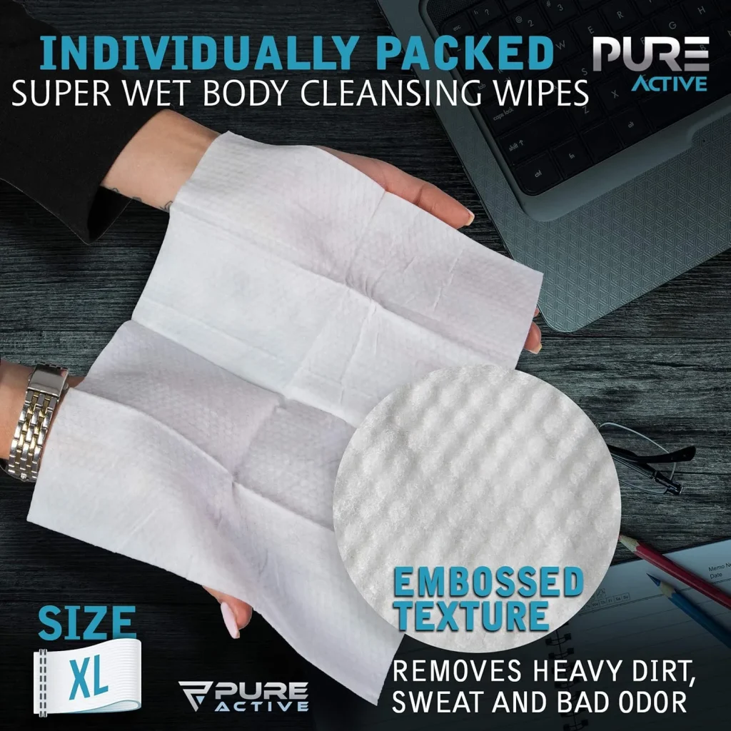 Pure Active Individually Wrapped Body Wipes 60 Pack – Fresh Scent No Rinse Shower Wipes for Gym, Travel, Work & Daily Use – Portable Single Use Cleansing Wipes